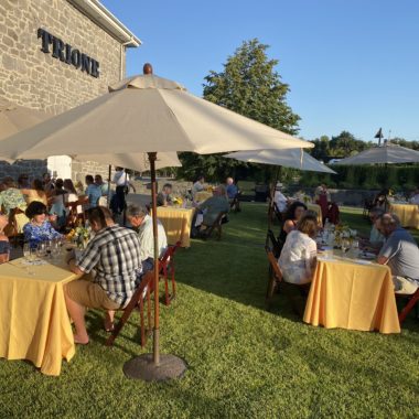 Guests sitting at brightly colored tables at Trione WInery's Wine Paired Dinner in June